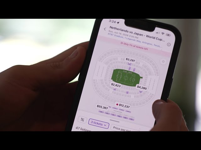 News video still: StubHub seat map showing World Cup ticket prices spiking